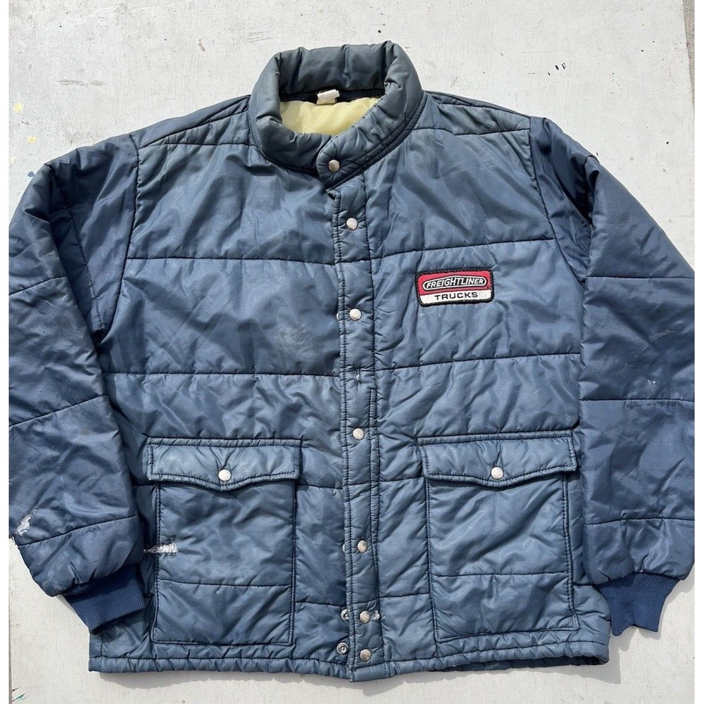 Men's Vintage Freightliner Jacket Blue Patch Logo XL Puffer Trucker Workwear Zip
